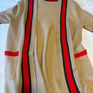 Stylish Tan Sweater with Red and Black Stripes